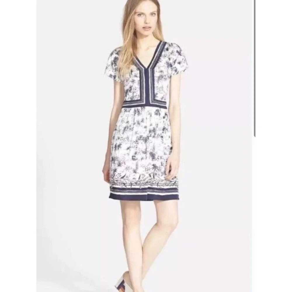 Tory Burch Silk Interlock Dress Blue Ivory Toile Print V-Neck Designer sz S/P